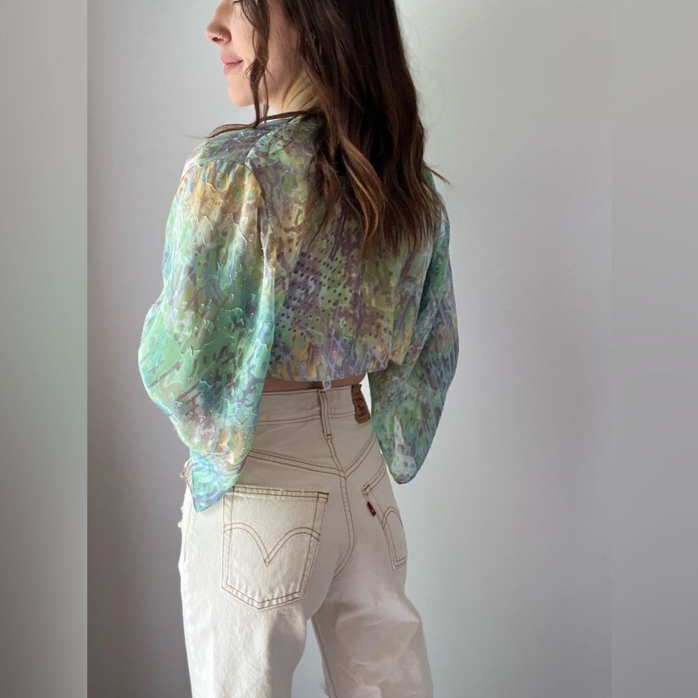 Vintage 90s Alex Evenings Petites Open Front Draped Multicolor Marbled Cardigan - Picture 5 of 11